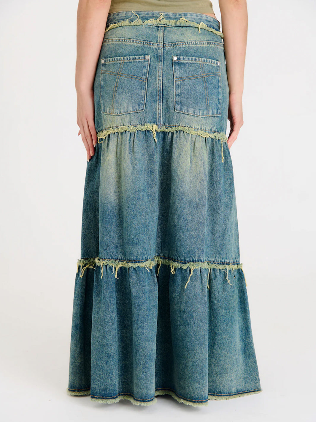 DIRTY WASH TIERED MAXI SKIRT