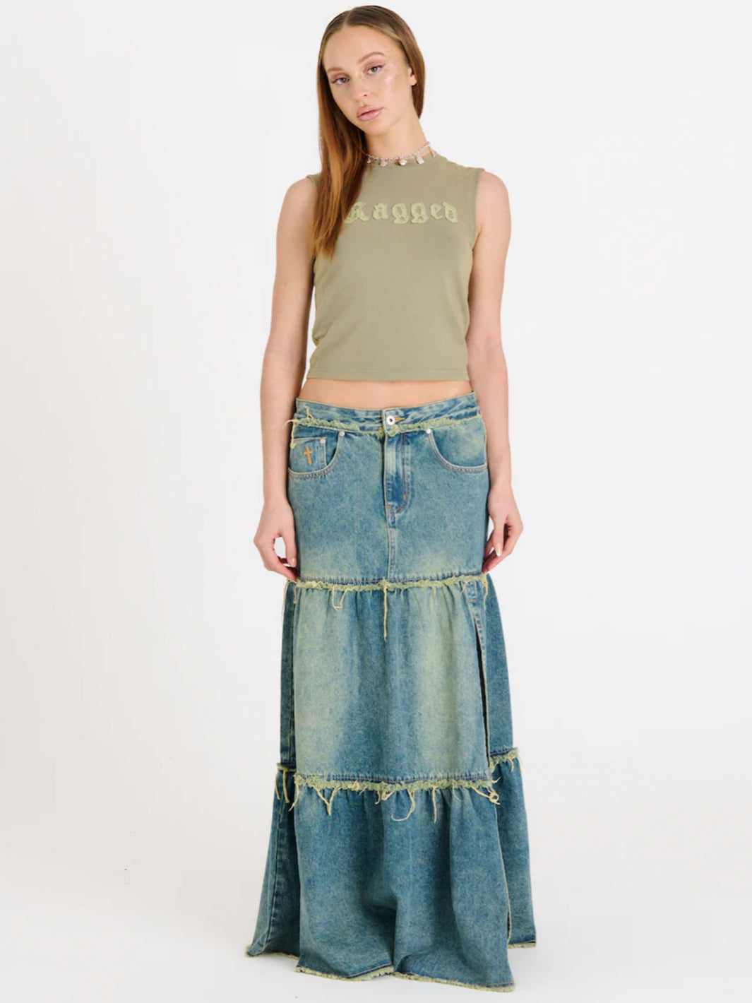 DIRTY WASH TIERED MAXI SKIRT