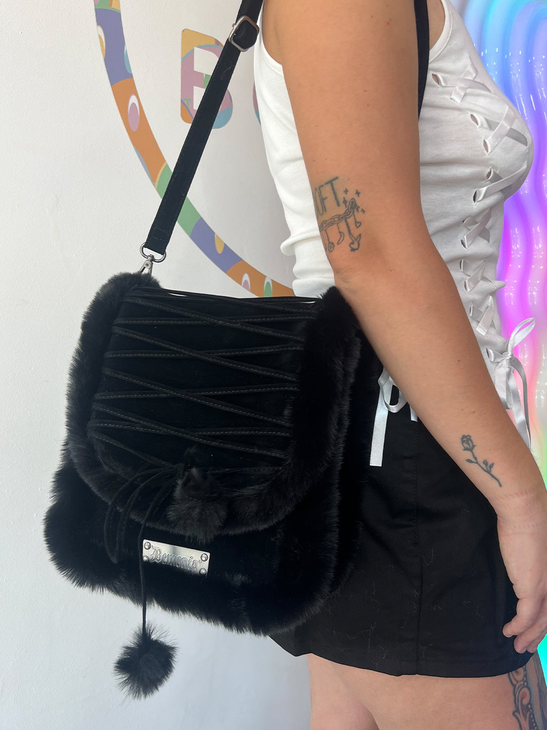 FAUX SUEDE & FUR CROSS BODY BAG - BLACK